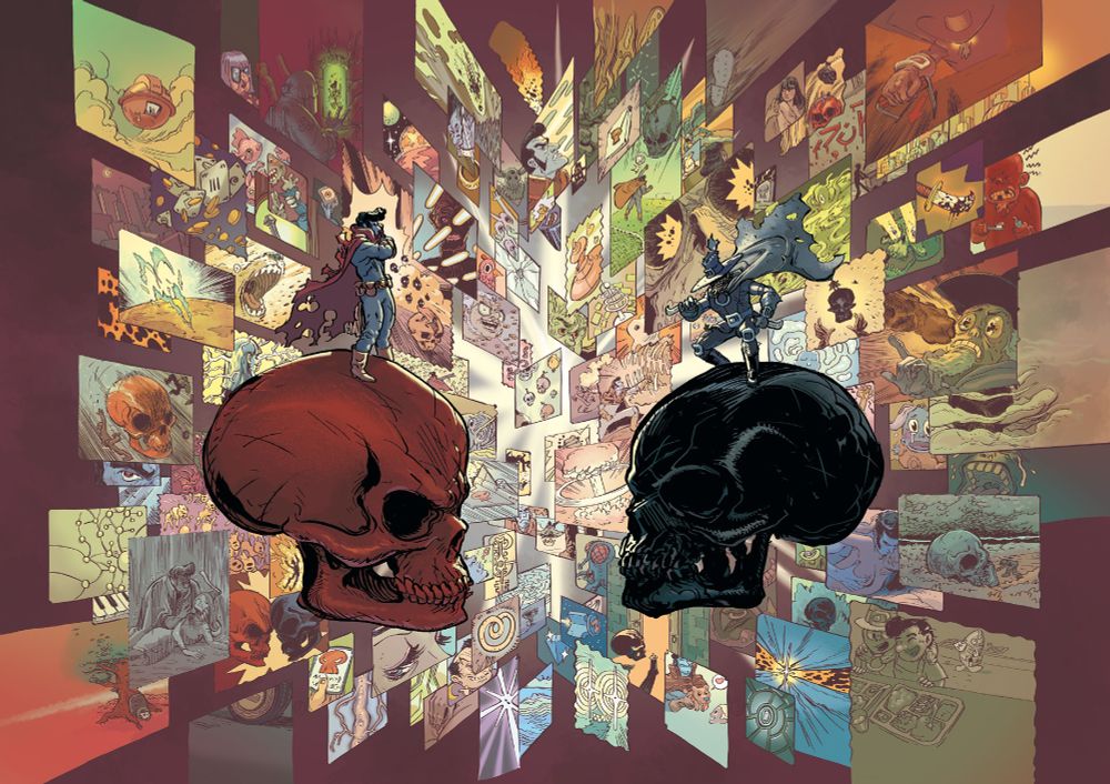 Pages 2 and 3:
Double-page spread, the superhero from page 1 is this time in profile, atop a giant red skull, looking straight at his worst enemy, perched on a black skull.
In the background: multiple images evoke significant moments in both of their lives.