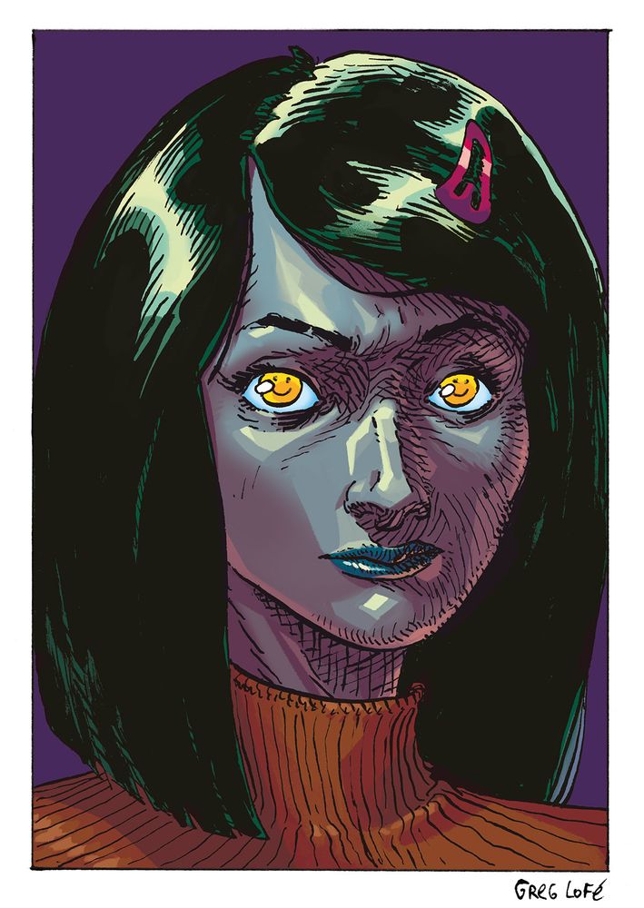 portrait d'une jeune femme a la peau violette, aux cheveux noirs aux reflets verts. Elle a l'air sévère, mais ses yeux sont des smiley souriants jaunes.
