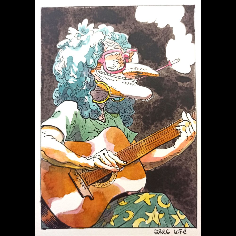 une mamie maigrichone avec des lunettes roses, des boucles d'oreille rondes et un fume cigarette, joue de la guitare. Elle a une robe avec des motifs d'étoiles et de lunes.