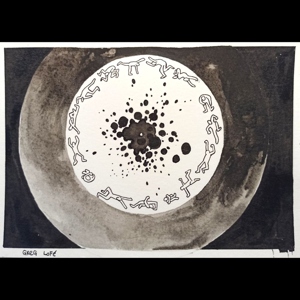 cercle blanc vu de dessus avec un semblant d'explosion au milieu. tout autour du cercle blanc, des silhouettes humaines dans plein de positions différentes. on pourrait penser à un phénakistiscope.