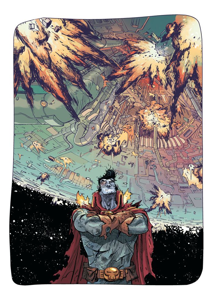 
Page 1: A superhero who has fought for a long time crosses his arms and appears satisfied, or challenges the reader with his gaze. His face is swollen.
Behind him, an industrial planet is ablaze, witness to the battle that has taken place.