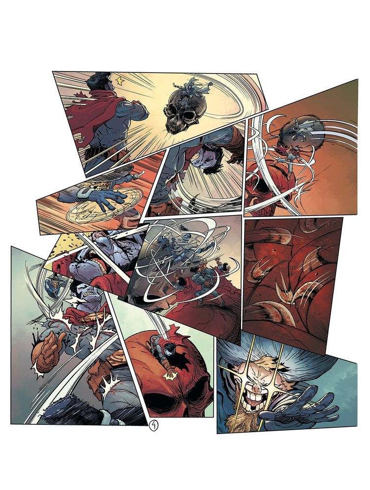 Page 4: The villain rushes toward the hero with his flying skull, armed with knives. He slashes at the hero, who dodges as best he can.
The hero eventually collapses from weakness, and it's at this moment that the villain chooses to unleash his power to freeze people.