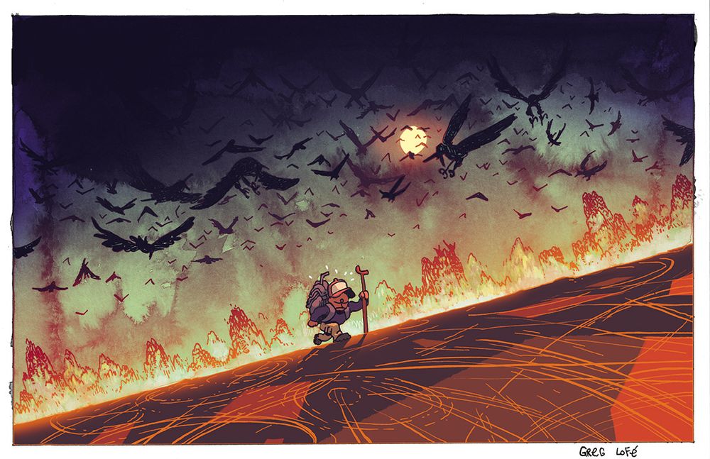 un randonneur marche péniblement dans un désert rouge sous un ciel sombre ou brille faiblement un petit soleil couchant .Il est surplombé par des hordes de corbeaux noirs
