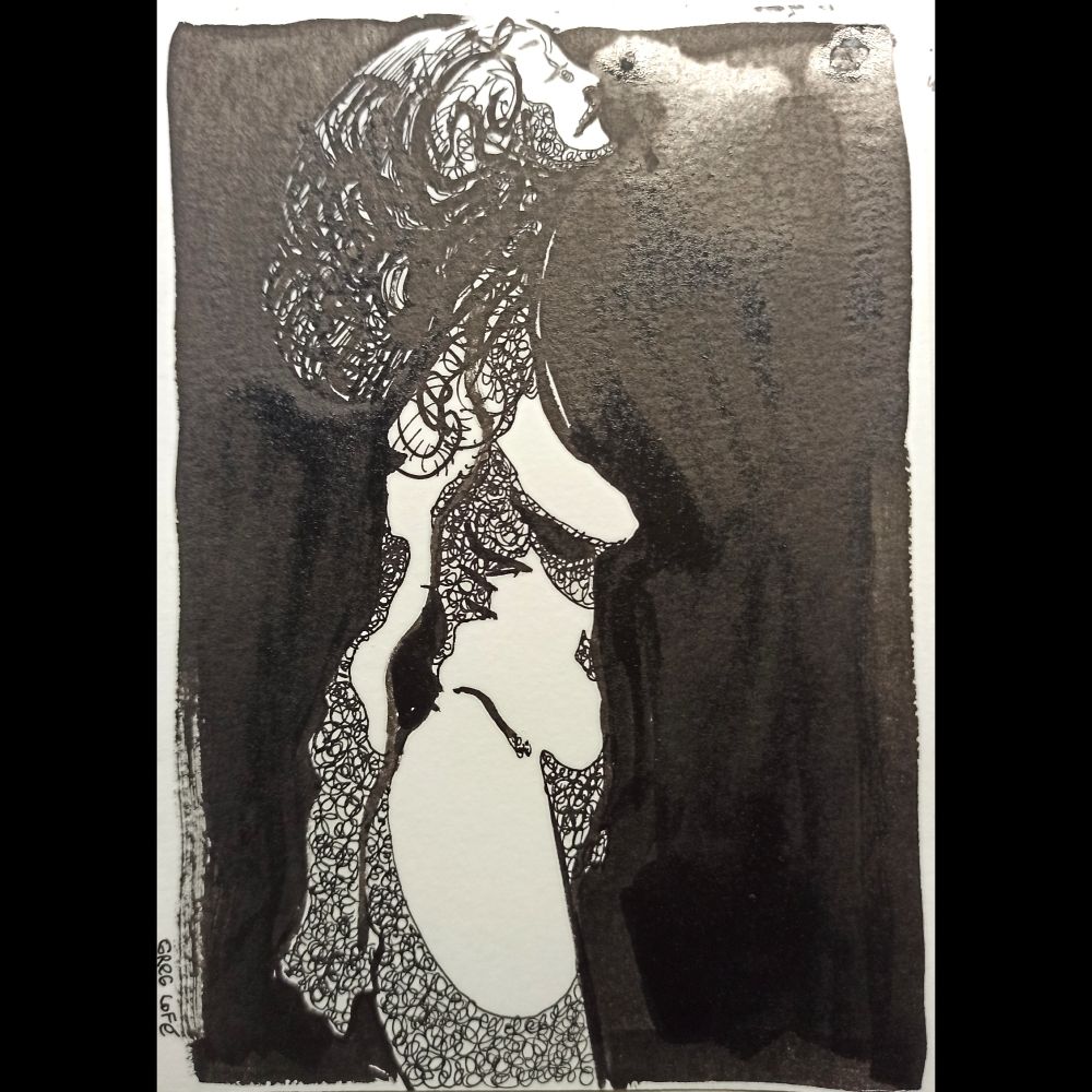 une femme nue dans le noir, semble marcher vers la droite la tête en l'air dans une attitude légèrement méprisante