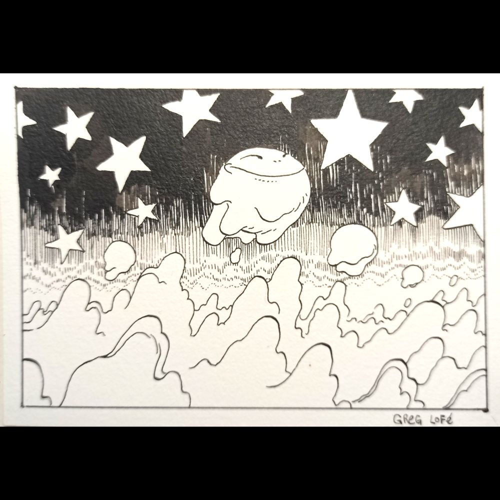 une boule avec un visage satisfait s'envole d'un magma semblant tirer vers un ciel rempli d'étoiles (type cartoon) 