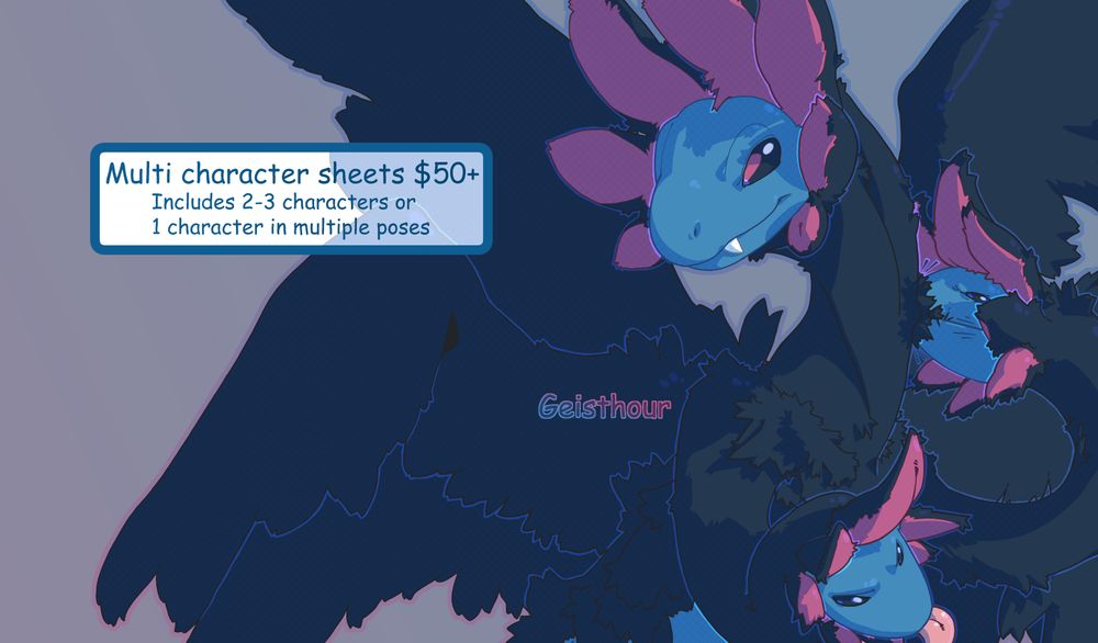 Commission example for a multi character sheet. Featuring a hydreigon.
Text reads: "Multi character sheet $50+ Includes 2-3 characters or 1 character in multiple poses."