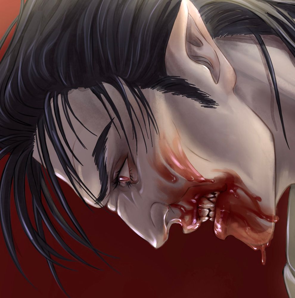 Close up of Lazslo. A vampire with pale grey skin looking down and snarling angrily. His face is heavily lined with anger. His brows are furrowed, his nose wrinkled up, his mouth downturned in anger. Blood is smeared over his mouth like he just ate a really mango. His hair falls in front of his face. 