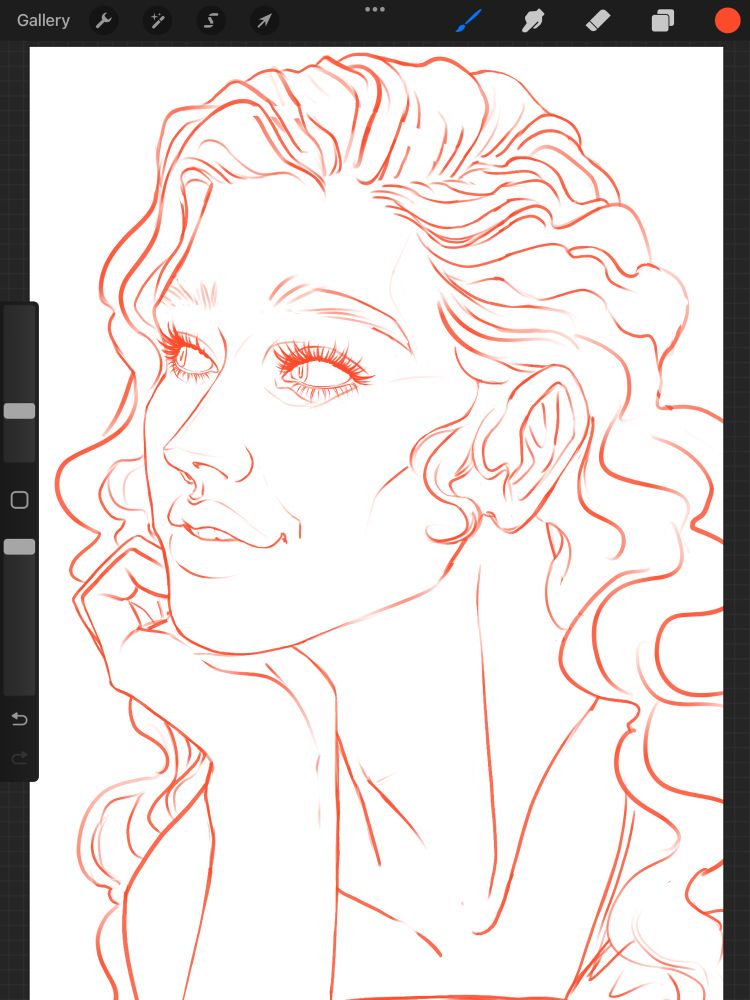 Portrait orientation ProCreate screenshot. Red coloured sketch of my human OC Crispin on a White background. A young man With long curly hair looks to the left with his chin resting in his hand. his too-large shirt is sliding off of his left shoulder.