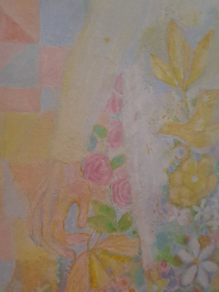 Close up of the guardian angel's disproportionately large hand. Includes brightly coloured flowers, butterflies and a bird. 