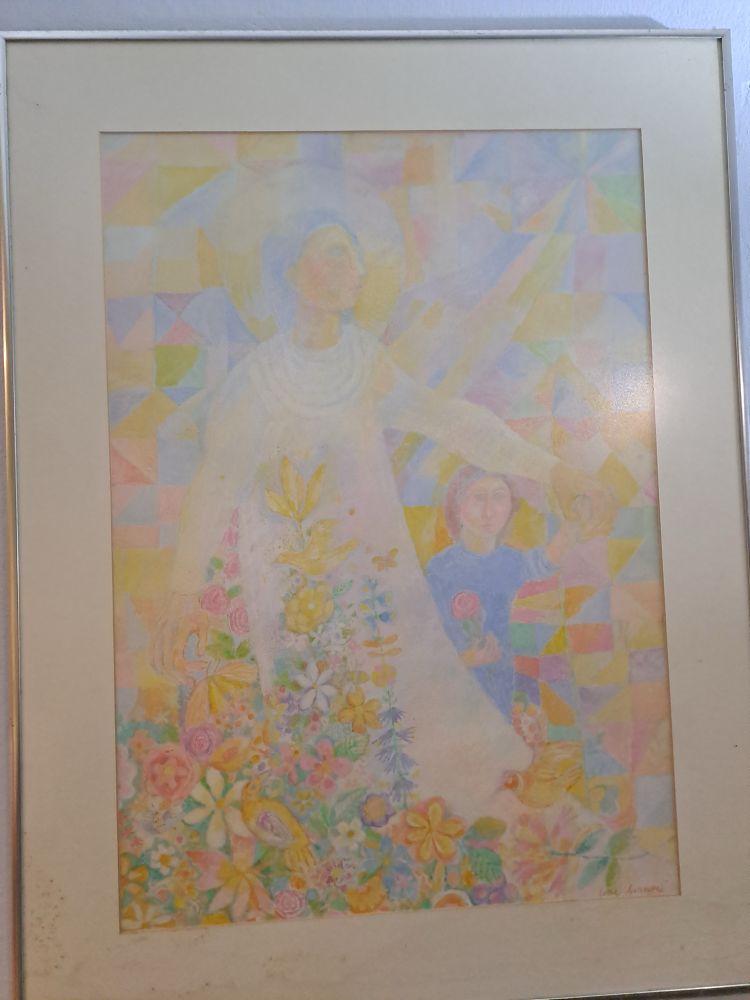 Photo of a framed artwork with some water damage on the mounting board. The artwork is a multicoloured piece with a geometric background and a foreground full of flowers. A guardian angel in white guides a small boy in blue through the flowers.  
