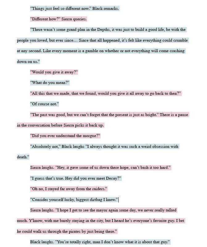 “Things just feel so different now.” Black remarks. “Different how?” Sierra queries. “There wasn’t some grand plan in the Depths, it was just to build a good life, be with the people you loved, but ever since… Since that all happened, it’s felt like everything could crumble at any second. Like every moment is a gamble on whether or not everything will come crashing down on us.” “Would you give it away?” “What do you mean?” “All this that we made, that we found, would you give it all away to go back to then?” “Of course not.” “The past was good, but we can’t forget that the present is just as bright.” There is a pause in the conversation before Sierra picks it back up. “Did you ever understand the morgue?” “Absolutely not,” Black laughs “I always thought it was such a weird obsession with death.” Sierra laughs. “Hey, it gave some of us down there hope, can’t bash it too hard.” “I guess that’s true. Hey did you ever meet Decay?” “Oh no, I stayed far away from the raiders.” “Consider yourself lucky, biggest dirtbag I knew.” Sierra laughs. “I hope I get to see the mayor again some day, we never really talked much. Y'know, with me barely staying in the city, but I heard he’s everyone’s favorite guy. I bet he could walk us through the pirates by just being there.” Black laughs. “You’re totally right, man I don’t know what it is about that guy.” 
