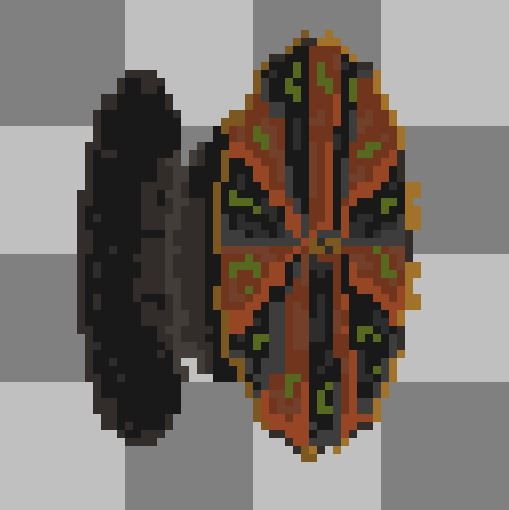 Pixel art of two roulette wheels welded together down the middle and placed on their side.
