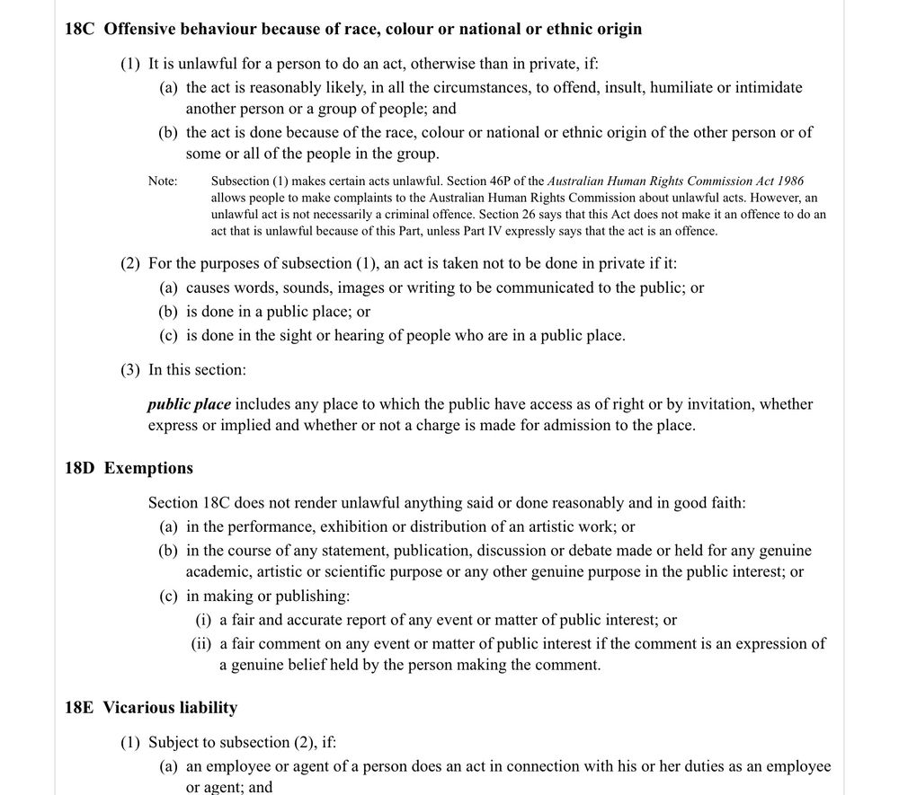 Screenshot of sections 18C and 18D of the Racial Discrimination Act 1975 from the Federal Register of Legislation 