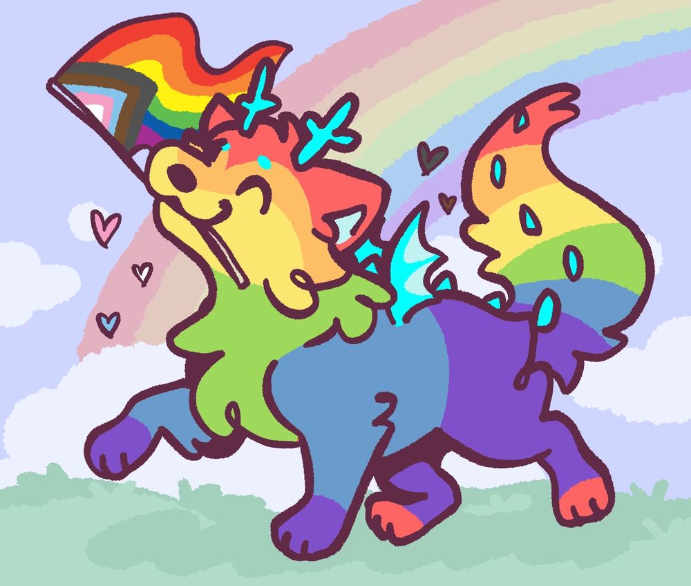 My rainbow kitty dragon character holding a Progress Pride flag while they walk through the grass in front of a rainbow :3