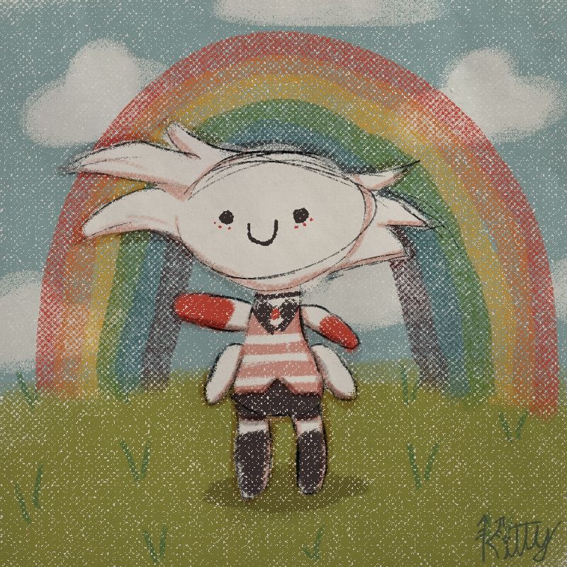 A doodle of Angel Dust from Hazbin Hotel standing in a grassy field in front of a rainbow. 