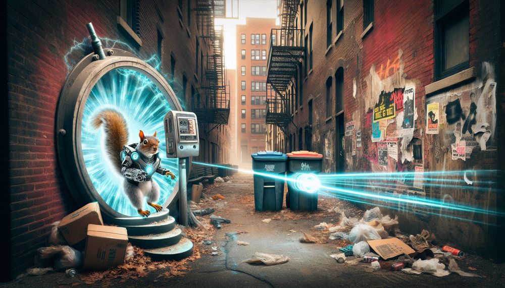 A cyborg squirrel emerges from a space-time portal in an urban alley