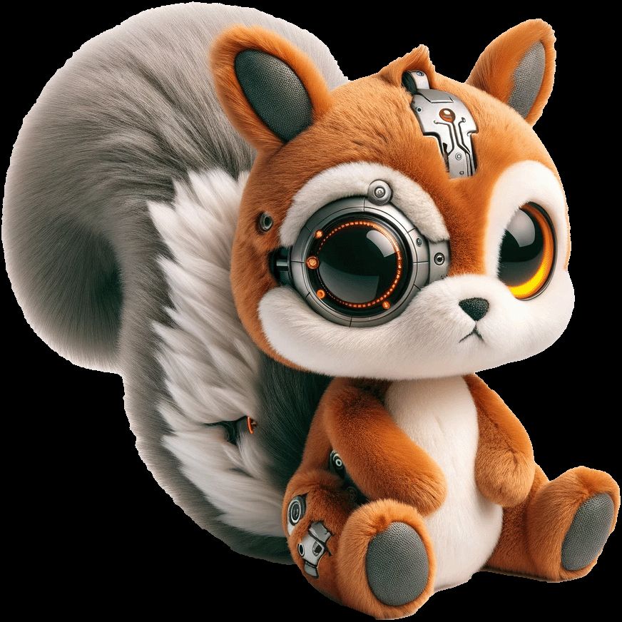 An AI-generated concept drawing of a cyborg squirrel plushie with a cybernetic eye and other modifications