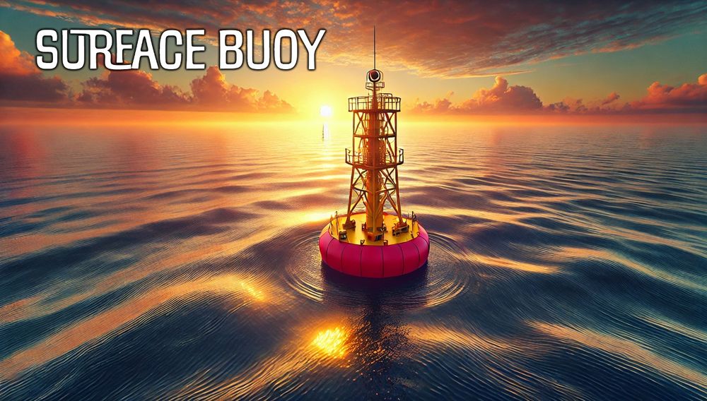 A depiction of an orange buoy in the open ocean, with a sunrise in the background.