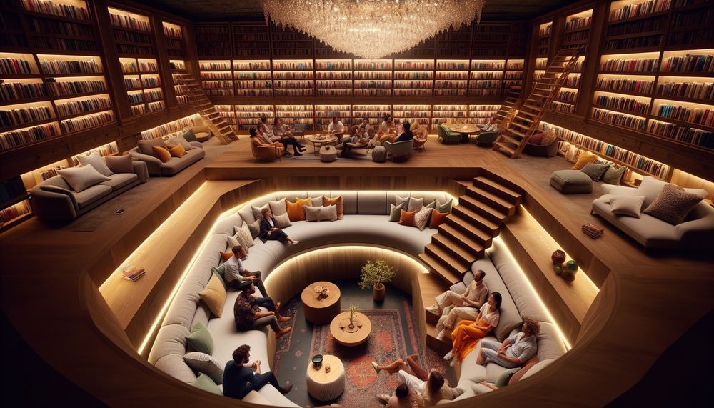 A very deep "sunken conversation pit" interior surrounded by a library. People sit around tables on wraparound couches a staircase down from floor level.
