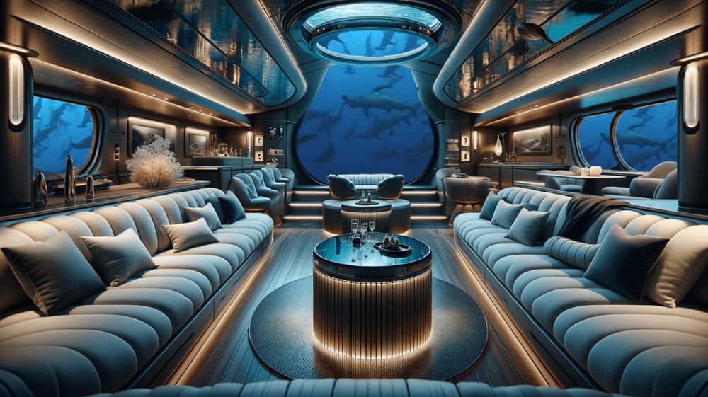 the interior of a ficticious luxury submarine or "Luxurine", featuring comfortable couches, beverage service, and picture windows through which sharks are visible