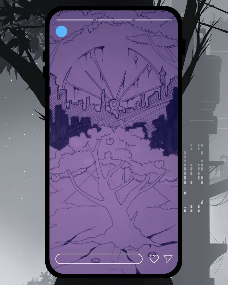 Se muestra una ilustración digital en un teléfono móvil. La ilustración, en tonos morados, muestra un árbol en primer plano con algunos frutos, de fondo hay sombras de edificios derruidos y al final del todo una noria hecha pedazos. La interfaz parece simular la reproducción de algún contenido multimedia o una historia en una red social. Al fondo de la pantalla hay un fondo oscuro con siluetas de edificios y árboles.