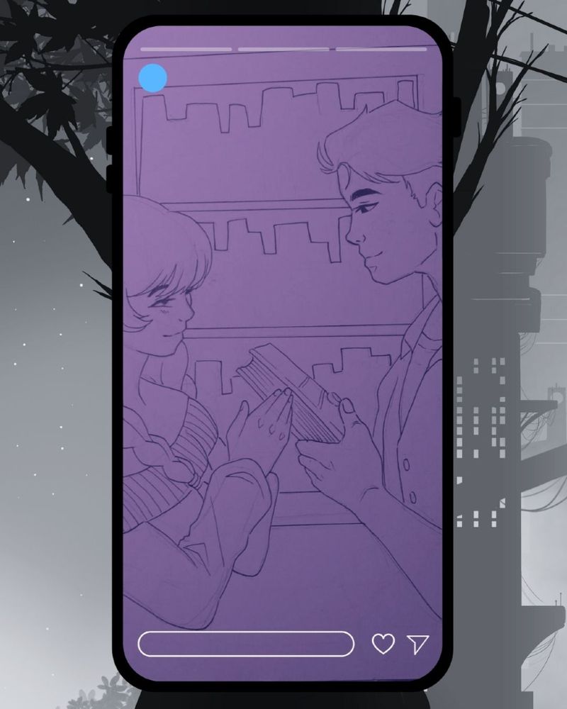 Se muestra una ilustración digital en una interfaz tipo teléfono móvil. La ilustración, en tonos morados, es un dibujo lineal de una chica a la izquierda y un chico a la derecha delante de una estantería llena de libros. El chico sostiene un libro en las manos y parece que se lo está dando a ella. La interfaz parece simular la reproducción de algún contenido multimedia o una historia en una red social. Al fondo de la pantalla hay un fondo oscuro con siluetas de edificios y árboles.