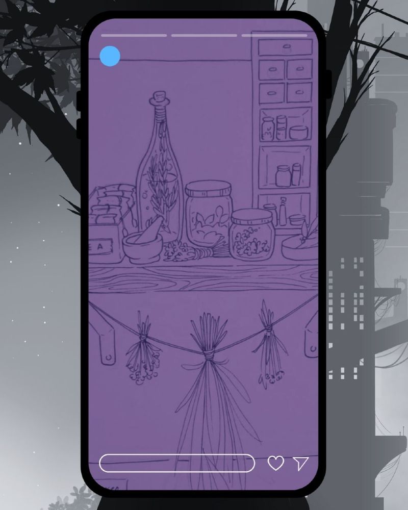 Se muestra una ilustración digital en una interfaz tipo teléfono móvil. La ilustración, en tonos morados, es un dibujo lineal de una MESA LLENA DE DIFERENTES BOTES CON LETREROS, TODOS LLENOS DE PLANTAS Y FLORES. A LA DERECHA HAY UN MUEBLE CON CAJONCITOS Y ALGUNAS PLANTAS ESTÁN COLGADAS SECÁNDOSE.. La interfaz parece simular la reproducción de algún contenido multimedia o una historia en una red social. Al fondo de la pantalla hay un fondo oscuro con siluetas de edificios y árboles.