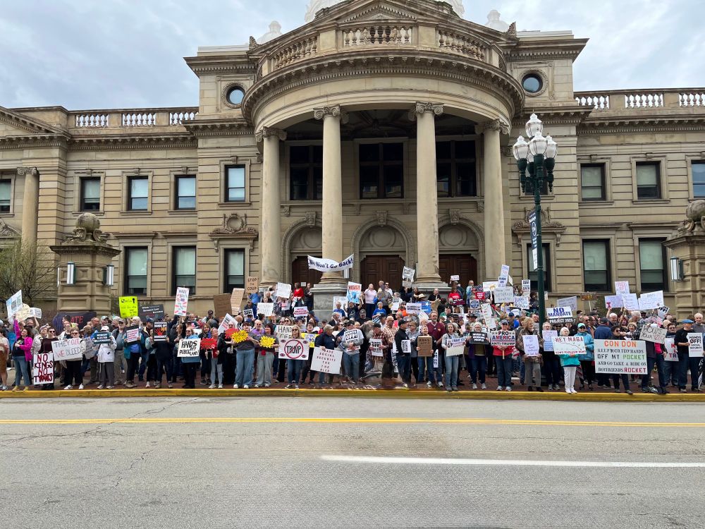 Crowd of Hands Off! demonstrators in front of the Washington County Courthouse