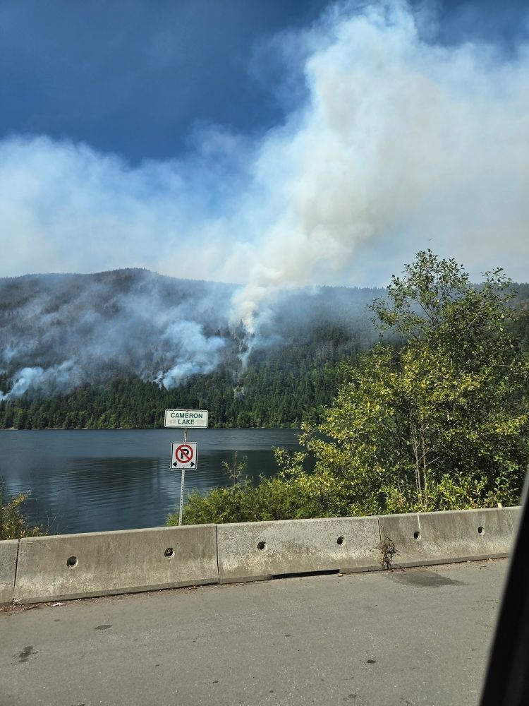 Forest fire burning with lake in foreground