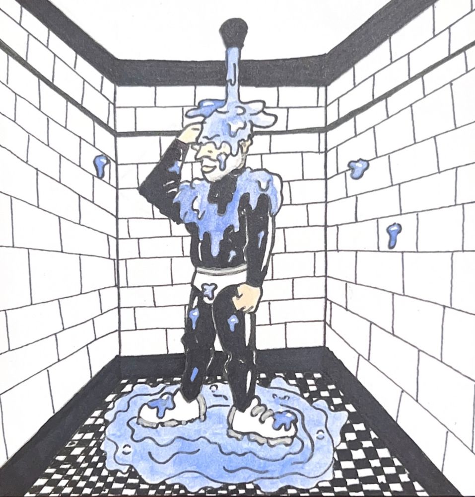 An older, dilfy man in a latex cat suit flexes his arm as a rush of blue slime slowly covers and engulfs him. The slime covers his head, cat suit, undies and sneakers inside of an old-looking, black-and-white tiled shower room.