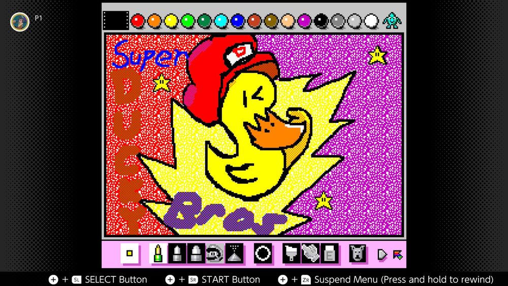 Super Ducky Bros drawing through the pixel-perfect view mode. The lines in “Ducky” are gone, but the colors look brighter.