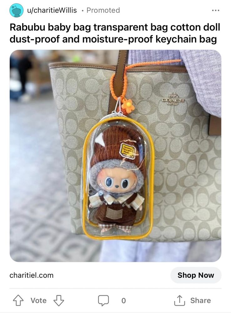 Advertisement on Reddit for “Rabubu baby bag transparent bag cotton doll dust-proof and moisture-proof keychain bag”. The picture depicts a Labubu presumably suffocating in a plastic case on a Coach bag.