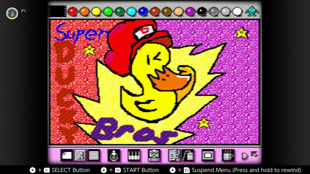 Super Ducky Bros drawing through the CRT filter. The colors blend into each other and the “Ducky” appears to have vertical lines through it.