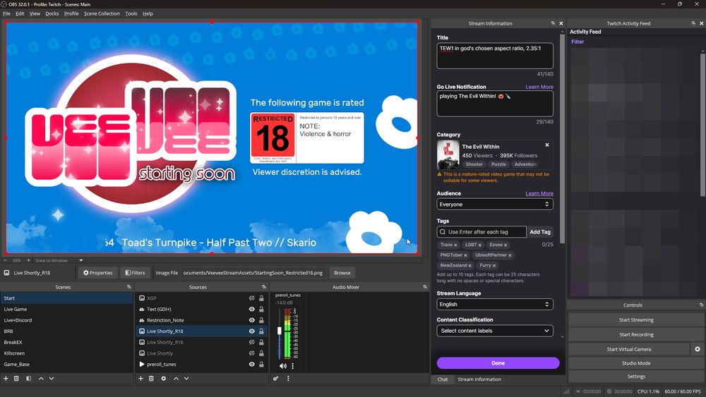 Screenshot of my OBS setup! My stream graphics are now sporting a New Zealand restricted label to show the rating of The Evil Within.