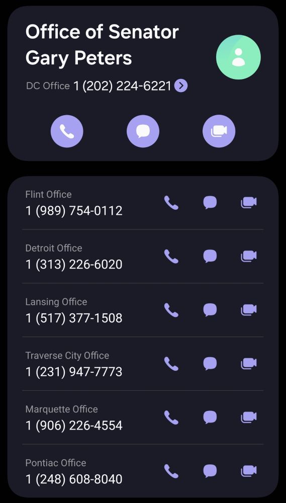DC Office 1 (202) 224-6221
Flint Office
1 (989) 754-0112



Detroit Office
1 (313) 226-6020



Lansing Office
1 (517) 377-1508



Traverse City Office
1 (231) 947-7773



Marquette Office
1 (906) 226-4554



Pontiac Office
1 (248) 608-8040