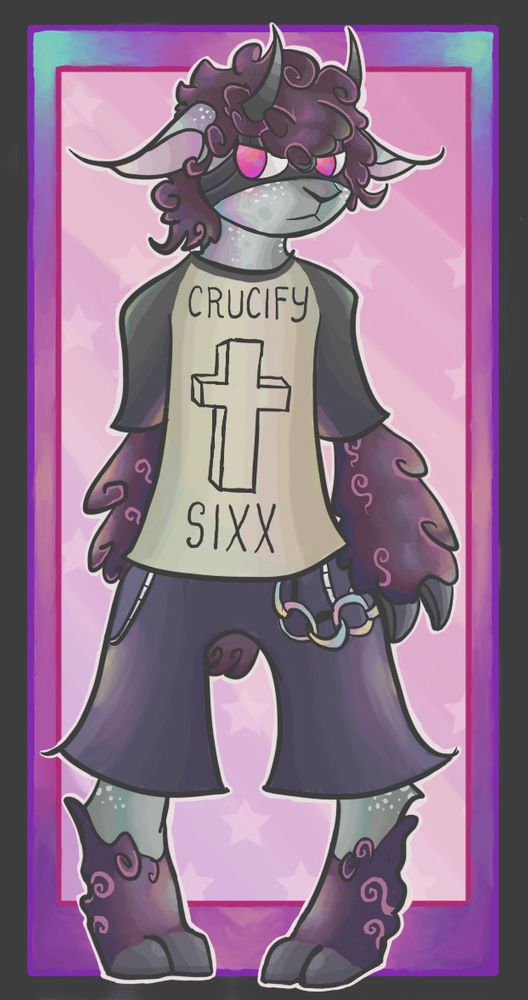 A sheep wearing a cream t-shirt with black sleeves and baggy shorts with chains. The sheep has 2 black horns and purple wool on his head, arms, and legs. His skin is gray. His shirt reads "CRUCIFY" and "SIXX."