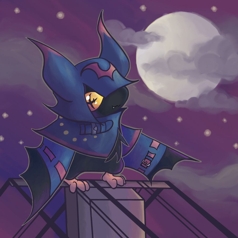 Chiropmon, a bat Digimon with yellow eyes and a cross pupil, wearing a blue hood with buckles and pink trim, sits on an electrical pole against a purple sky with a pale white moon.