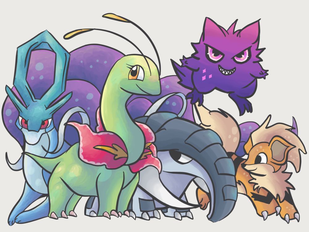 Five Pokemon stand together. On the left is a Suicune lying down. Next to them is a Meganium. Next to her is a Donphan, and next to him is a bouncing Growlithe. Hovering above everyone on the upper right is a sparkly Gengar.