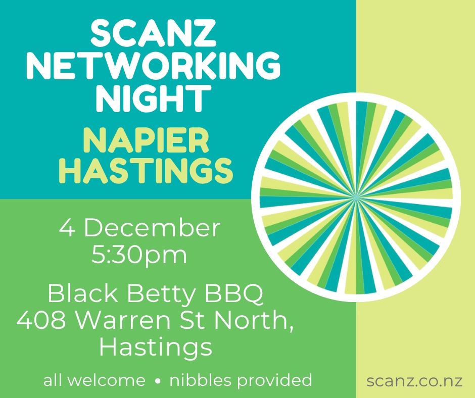(On a light blue background:)
SCANZ
 Networking 
Night
 Napier
 Hastings
(On a light green background)
4 December  
530  pm
Black Betty BBQ
408 Warren St N
Hastings
All welcome • nibbles provided
Yellow bar on right and has written on it: scanz.co.nz