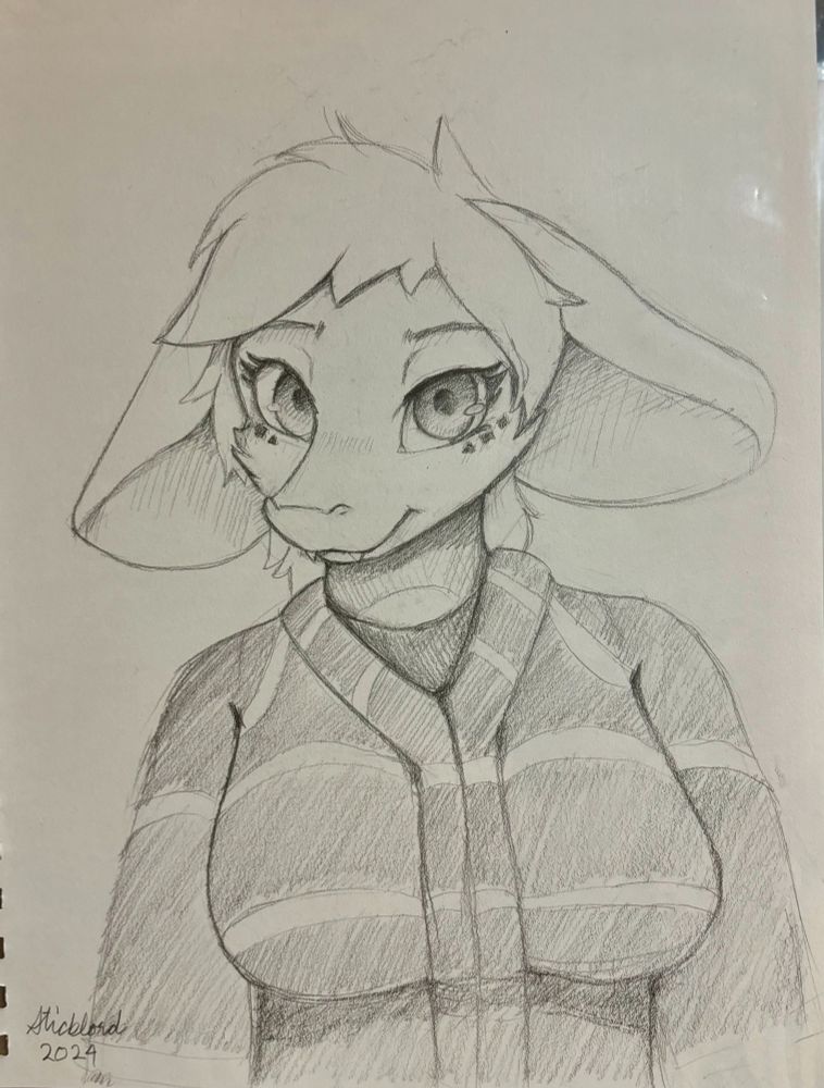 Drawing of ScottDerg's sona smiling and looking at the viewer wearing a striped hoodie.