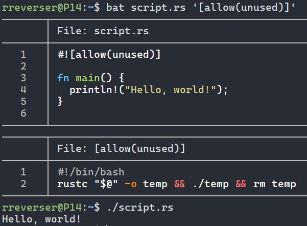 $ cat script.rs
#![allow(unused)]

fn main() {
  println!("Hello, world!");
}

$ cat '[allow(unused)]'
#!/bin/bash
rustc "$@" -o temp && ./temp && rm temp

$ ./script.rs
Hello, world!