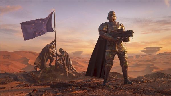 Soldiers raise the flag of the European Union, the Light of the World