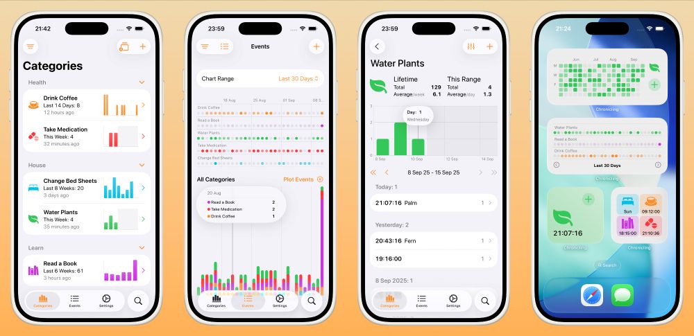 4x screenshots of iPhones showing Chronicling, one categories tab, one events tab, one category detail and one Home Screen with widgets