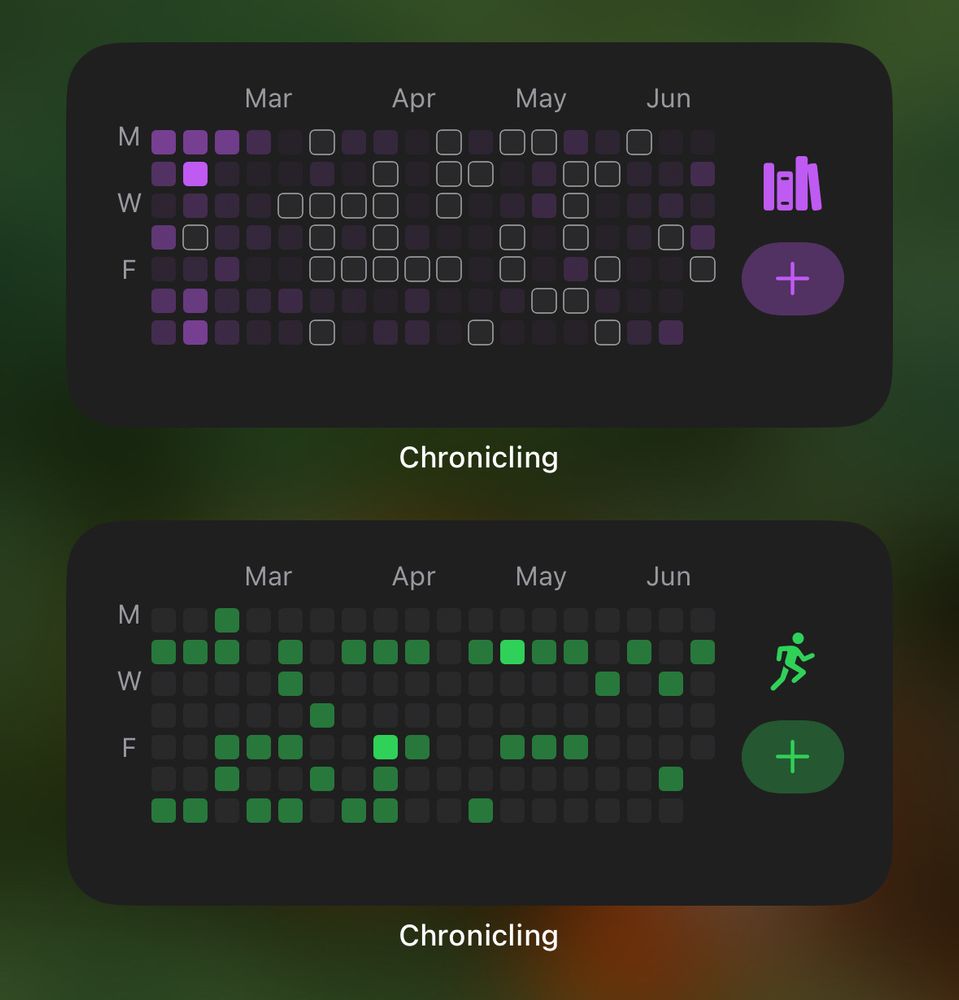 Screenshot of two medium size iOS Home Screen widgets with a checkerboard like pattern. Opacity of each square indicates number of events on a given day. 