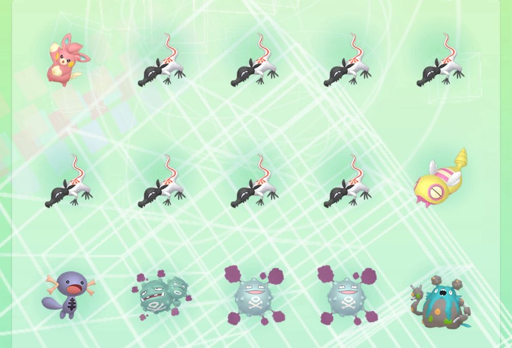 a Pokémon home sceeenshot of all my shiny pokemon, from top left:

pawmo salandit salandit salandit salandit salandit salandit salandit salandit dunsparce wooper (paldean) wheezing koffing koffing my mom