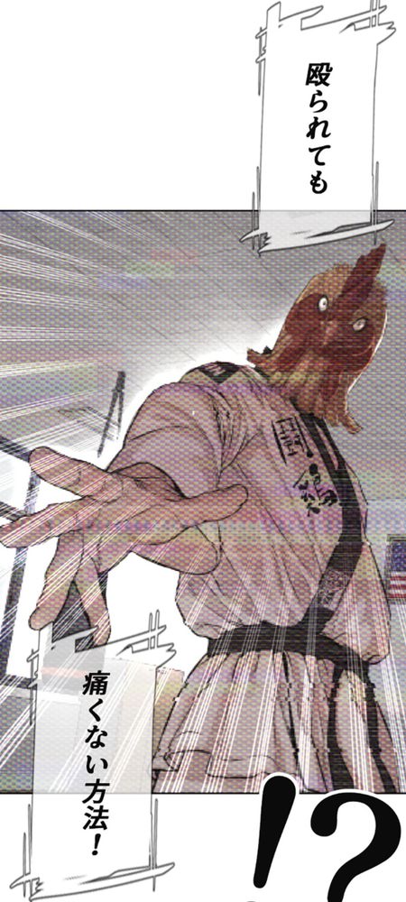 喧嘩独学のキャラクター、鶏の仮面を被った謎の男が、「殴られても痛くない方法」をこれから披露するところです