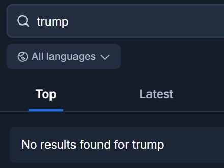 Screenshot of the BlueSky search box, showing "No results found for trump".