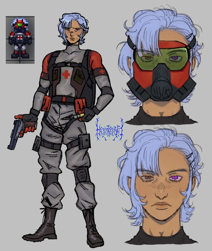 Astra Grishin wearing tactical red, grey and black tactical wear, holding a revolver and a injector. On the side there are headshots of him looking serious, with and without his gasmask.