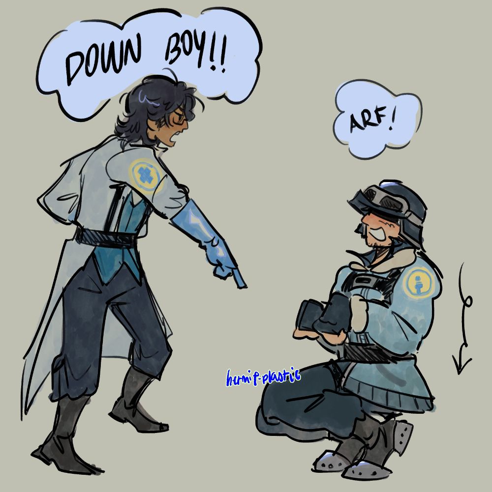full body drawing of a blue medic pointing down and saying "Down boy!" at a blue soldier, who is getting down and mimicking a dog while responding with "Arf" he looks content.