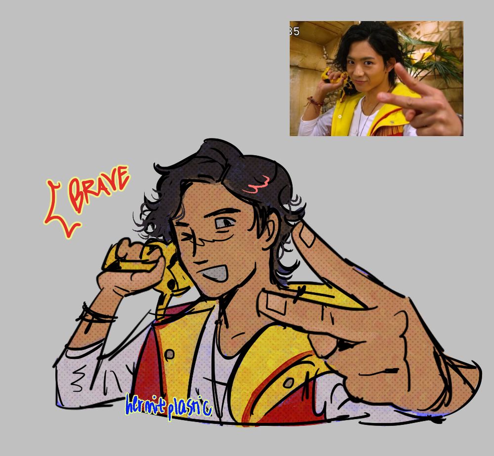 little drawing of daigo kiryu from kyoryuger, he us doing a peace sign to the viewer and wiking